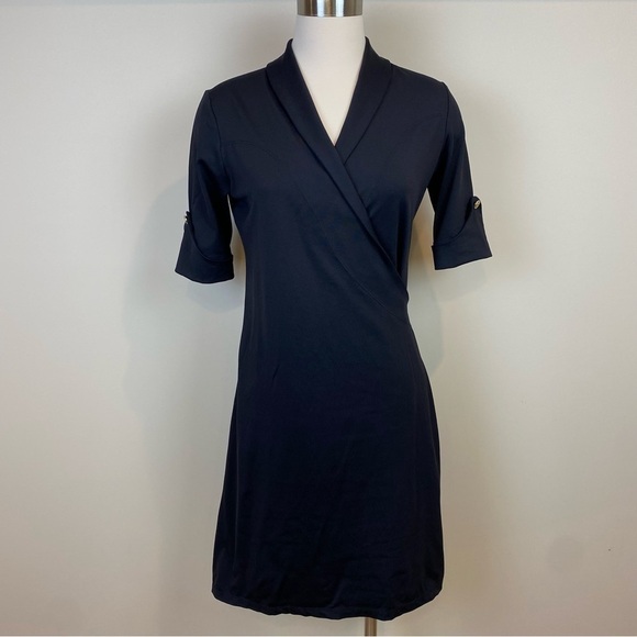 Lissa Mar Faux Wrap Black Devonwood Dress V Neckline Elbow Length Sleeves Size 8 - Picture 1 of 13